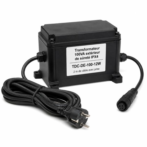 Transformateur 100VA extérieur de sûreté IPX4 TDC-DE-100-12W avec 2 ml de cable avec prise
